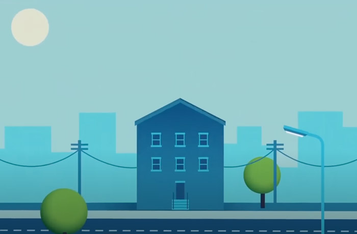 Graphic of a house surrounded by trees, telephone poles and street lights with a city in the background.