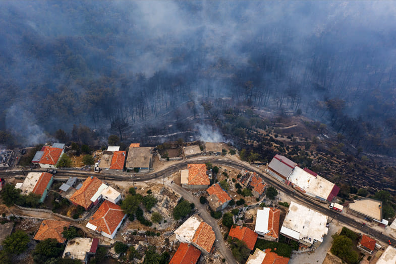 Aerial photo of fire near homes